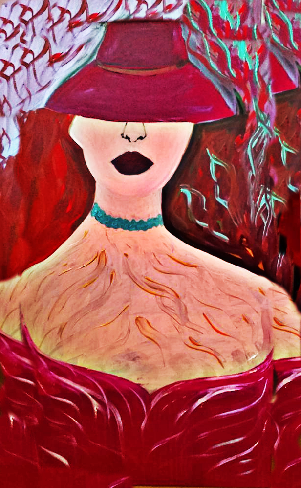 L'opera raffigura una donna in primo piano. Il suo volto e le sue spalle sono incorniciati da un cappello che nasconde lo sguardo. L'immagine ha una texture che le conferisce un aspetto materico e i colori sono prevalentemente scuri.