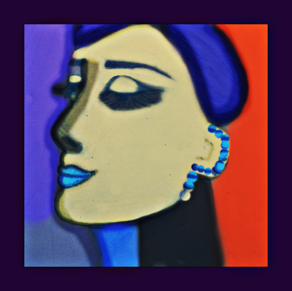 Realizzata con tecnica mista, l'opera esplora il profilo umano attraverso un forte contrasto cromatico tra i toni freddi del blu e quelli caldi dell'arancione. Le linee nette e i blocchi di colore, ispirati a una composizione quasi cubista, vogliono simboleggiare la ricerca di un ordine interiore che emerge dalla complessità delle emozioni."