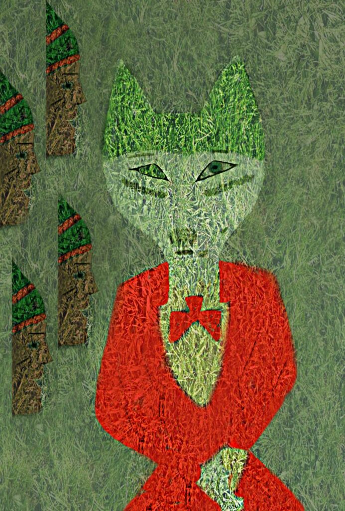 Illustrazione di una figura in stile surreale, con il corpo di un uomo e la testa di un gatto, realizzata con una texture che ricorda l'erba. Accanto, teste scolpite simili a statue.