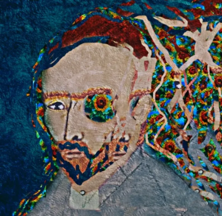 Un'opera d'arte che raffigura un ritratto in stile surrealista, con il volto e i capelli che si trasformano in forme organiche e colorate.