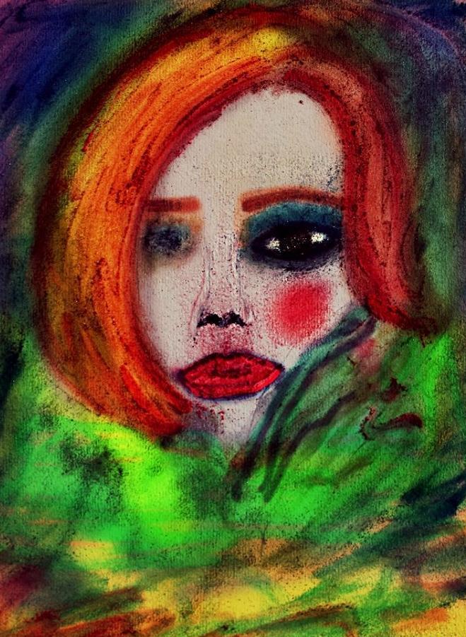 Un'opera d'arte astratta in cui il primo piano di una donna, con i capelli scuri e uno sguardo intenso, è circondato e in parte coperto da linee e macchie di colori accesi come giallo, blu, rosso e verde.