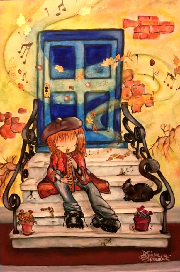 note musicale, seduta su un pentagramma, su una scala di note musicali