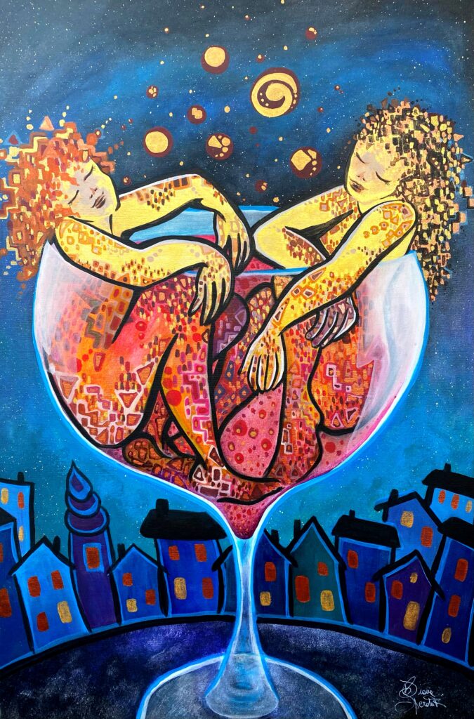 amore saffico in calice di vino su uno skyline