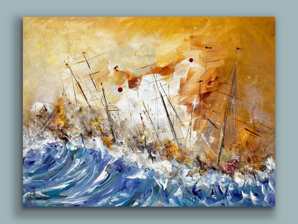 Quadro in acrilico su tela di Pummart, Allegra Graziani. Artista contemporanea Milanese. Faccia a Faccia. Guerriglia di barche a vela in mezzo ad una mare in tempesta. Scenario immaginifico.