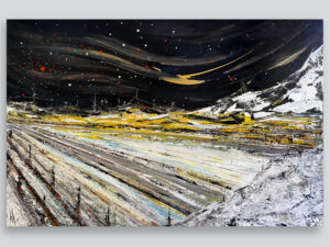 Quadro in acrilico su tela di Pummart, Allegra Graziani. Artista contemporanea Milanese. Proiezioni Inconsce. Luogo freddo e ambientazione notturna, una città sulle tonalità del giallo scalda la scena. Scenario immaginifico.